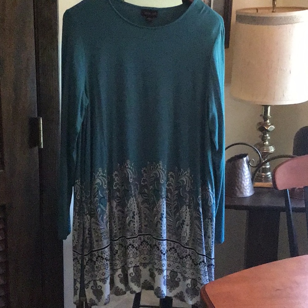 J Jill Tunic Medium Teal Black Grey Excellent Condition Classic 20” PTP 30”L